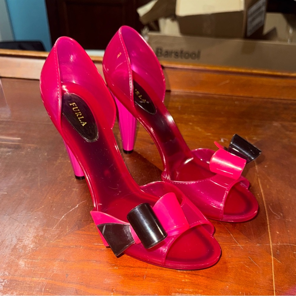 FURLA Open Toe Heels Candy Jelly With Bow Hot Pink Size 40 9-9.5